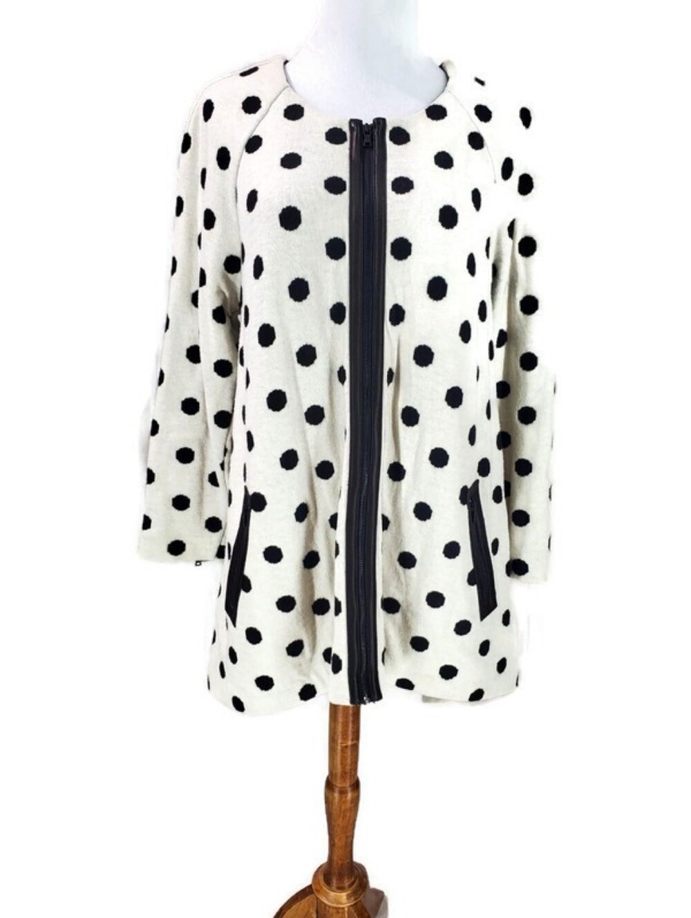 Alice & Olivia Knit Oversized Wool Blend Leather Biker Trim Dots Dotted Polka Do